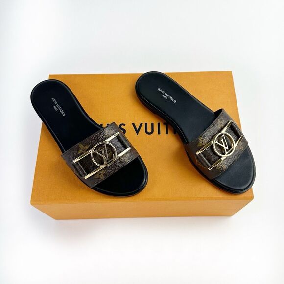 Louis Vuitton Shoes - LOUIS VUITTON Lock It Flat Slide Sandal Size 36 Mules Logo Black Brown Monogram